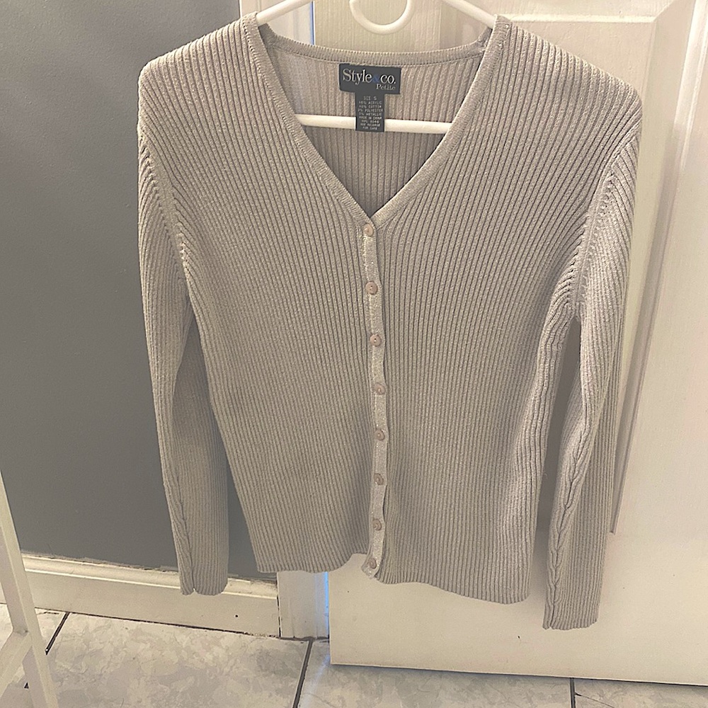 Sz small petite button up gray with shimmer cardigan
